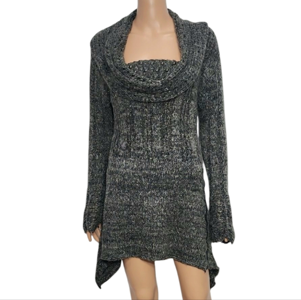Sioni Sweater Womens Size L Gray knit Asimétric Bell Sleeve Cowl Neck Wool Blend